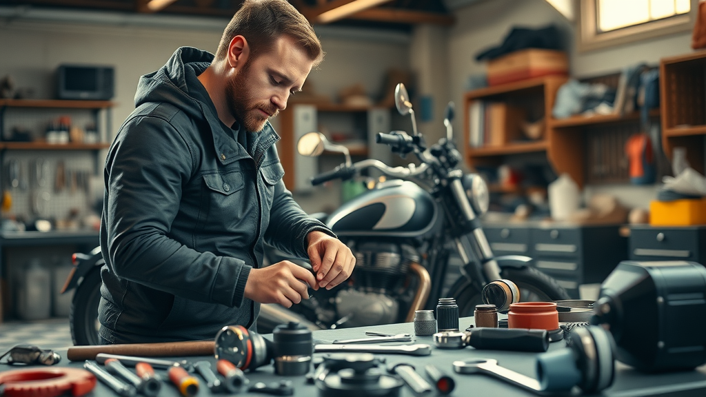 motorcycle maintenance guide organized garage rider inspecting motorcycle engine with tools arranged