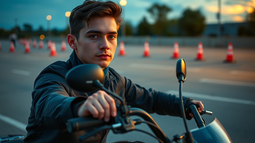 Attentive beginner rider practicing clutch and brake control in a parking lot, demonstrating correct hand position on handlebars and foot on shift lever, learning how to ride a motorcycle.