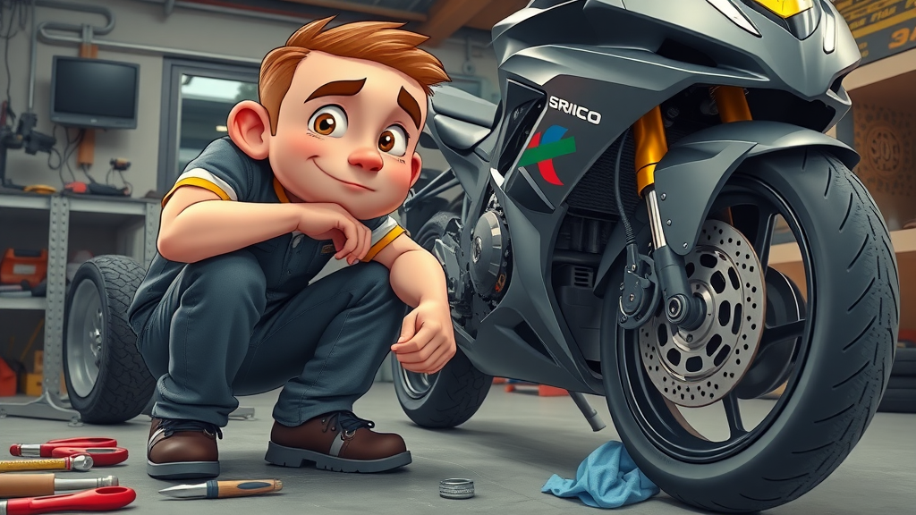 motorcycle owner performing DIY brake inspection at home in garage