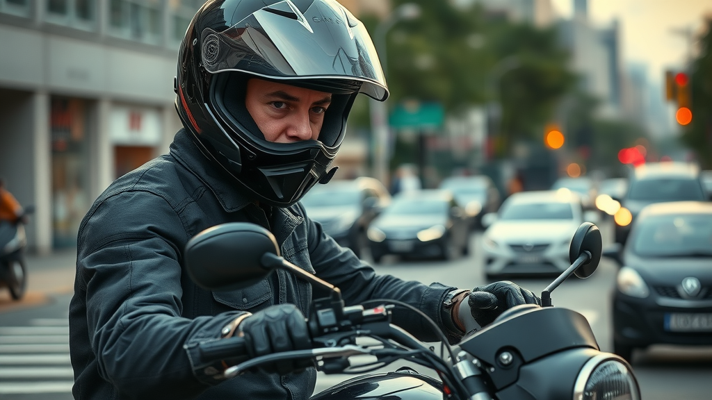 motorcycle accident prevention: motorcyclist inspecting bike on city street with full gear for safety