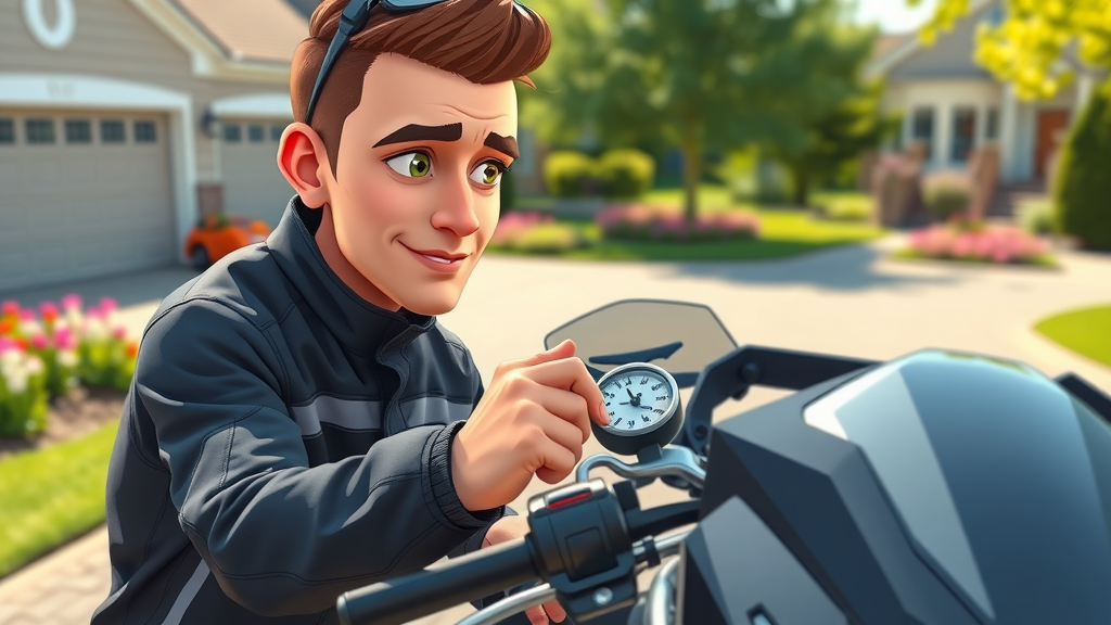 rider inspecting tire pressure on motorcycle maintenance checklist
