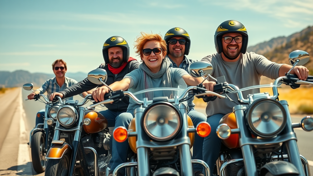 dynamic group of motorcyclists riding with bluetooth motorcycle audio systems, open road, high fidelity sound, scenic mountains