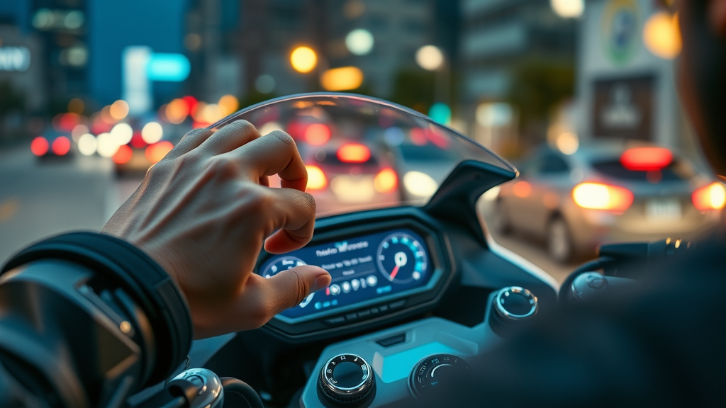 modern motorcycle dashboard with integrated bluetooth audio system by rockford fosgate, digital display, rider adjusting controls, city background