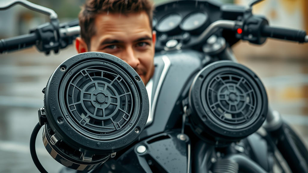 waterproof motorcycle speakers with bluetooth audio system, parked in rain, water beading, black and metallic finish