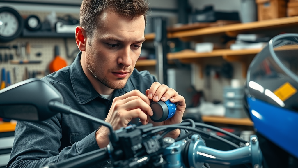 technician installing bluetooth motorcycle audio system on a bike, close up of hands and components, organized garage