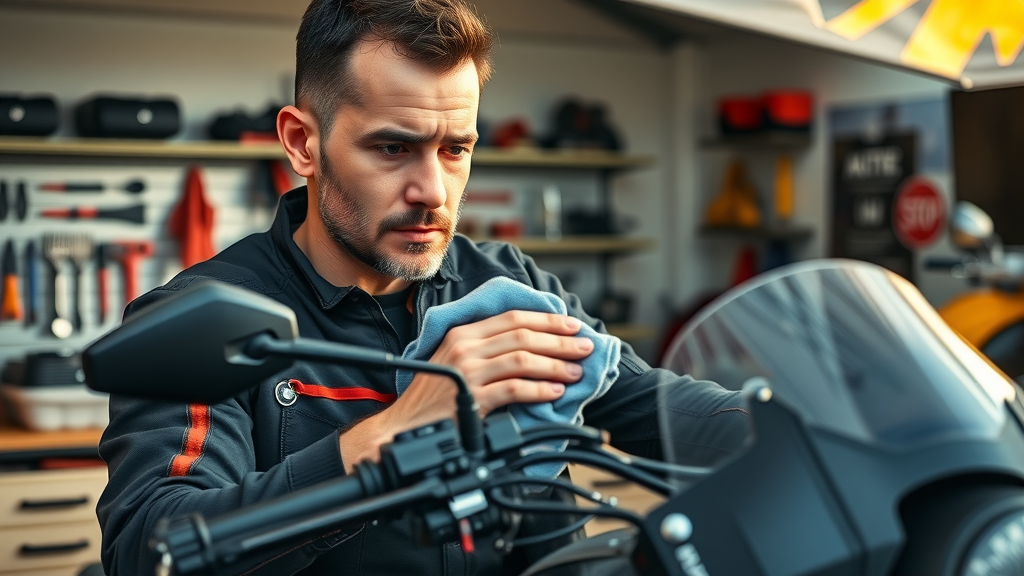 responsible motorcyclist maintaining bluetooth motorcycle audio system, wiping motorcycle speakers, organized tools in outdoor garage