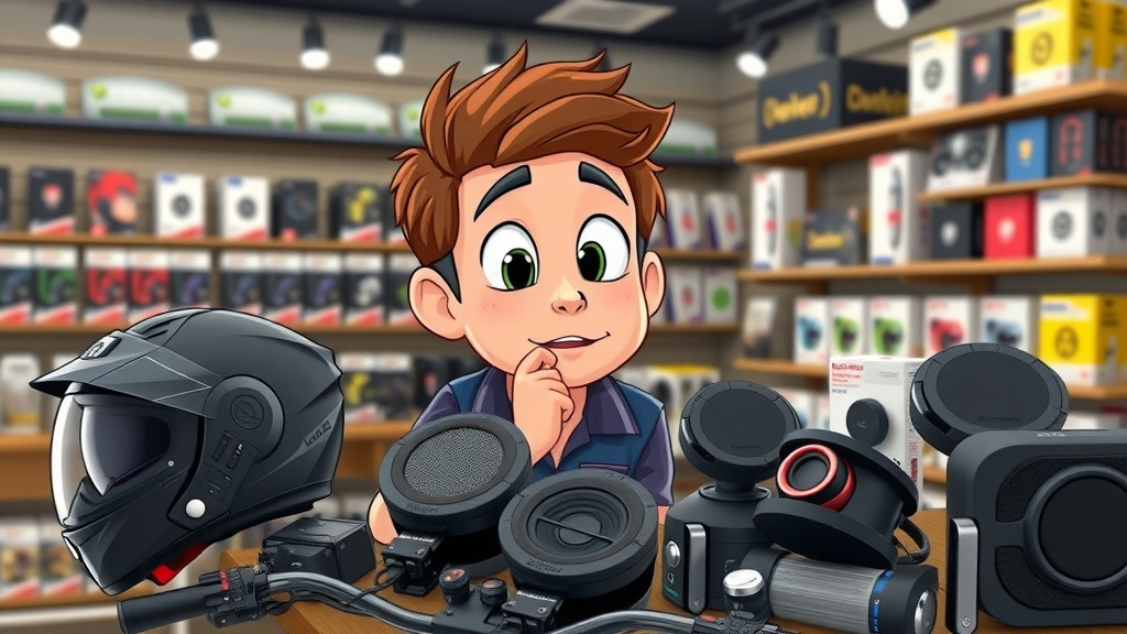 user comparing bluetooth motorcycle audio devices, helmet speakers, handlebar units, product comparison in shop
