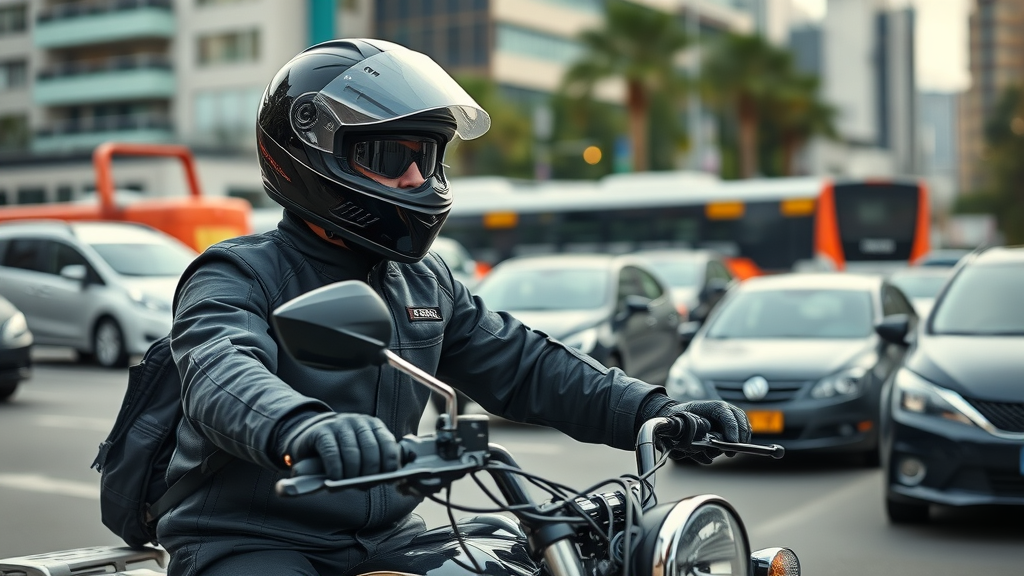confident motorcyclist in safety gear practicing defensive riding skills in city traffic