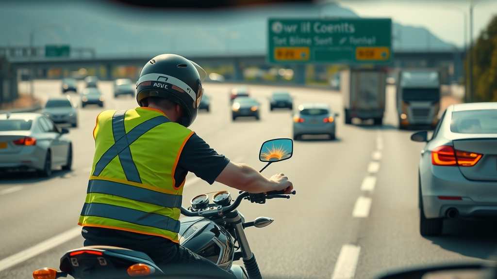 cautious motorcyclist wearing reflective vest outside car