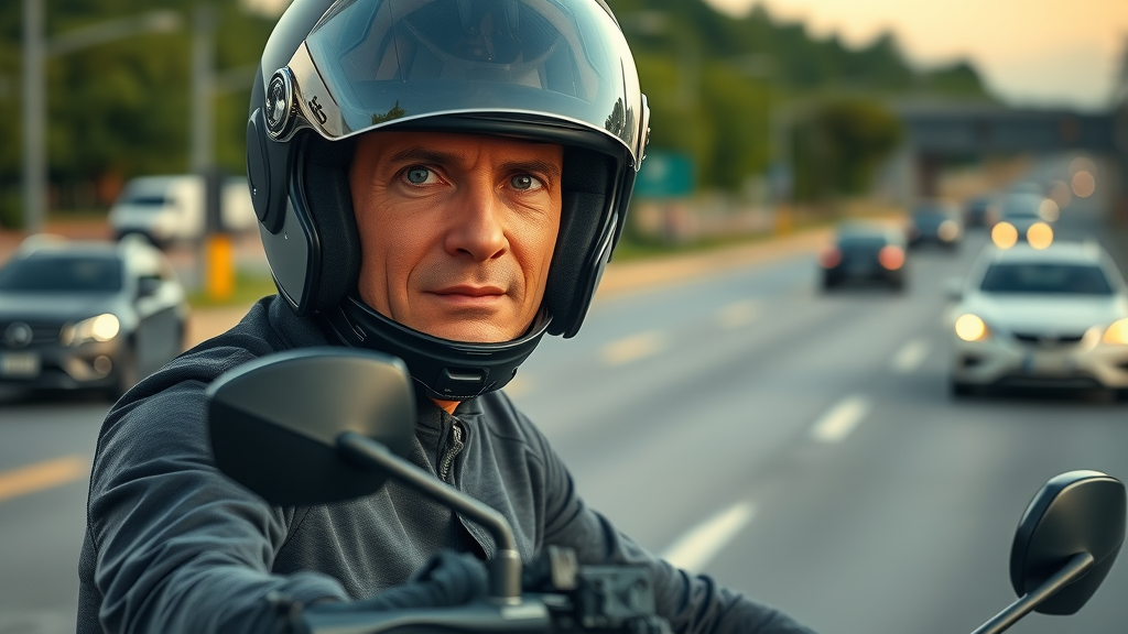 focused motorcyclist performing head check predictive observation situational awareness