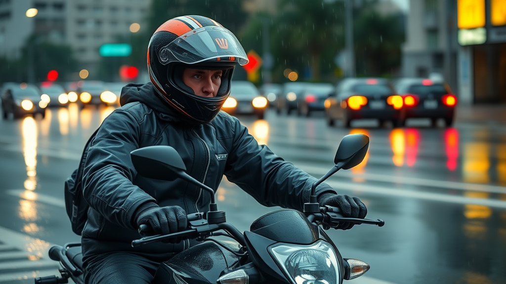 motorcyclist in rain gear practicing defensive riding techniques wet roads night