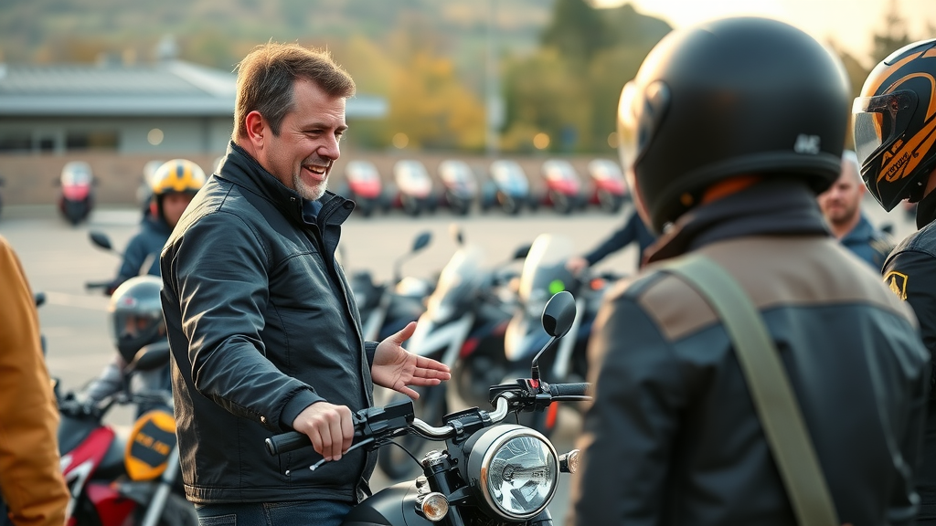 motorcycle safety instructor teaching defensive riding strategies to group of riders