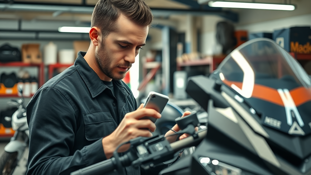 best motorcycle mechanic in northwest chicago suburbs performing diagnostic on modern sport bike in busy repair shop