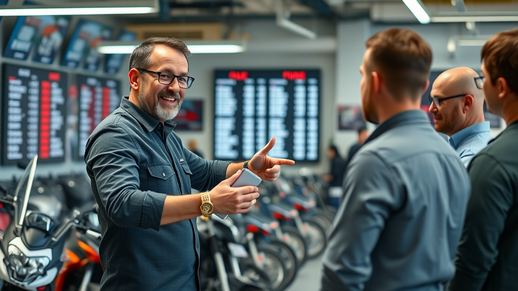transparent pricing discussion at motorcycle repair shop in northwest chicago suburbs using digital display