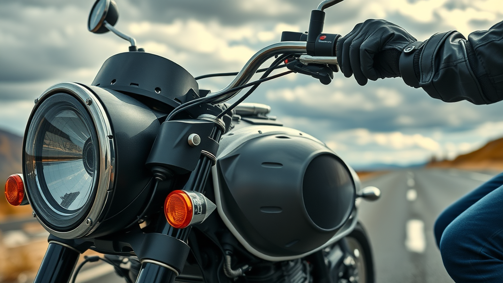 rugged motorcycle parked roadside with modern waterproof stereo system, speakers gleaming, rider adjusting settings, mountain highway background, rain droplets, natural daylight, black and chrome