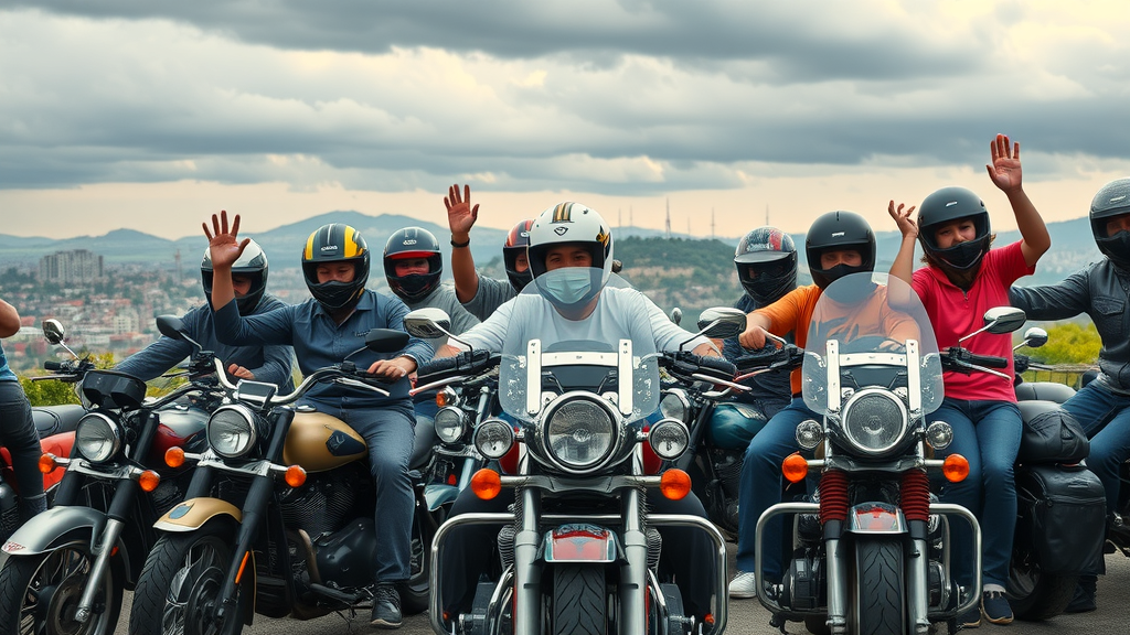 enthusiastic group of riders including Harley Davidson, gathered before a storm, showing off waterproof motorcycle audio systems, cityscape to countryside backdrop, clouds signaling rain, vibrant gear