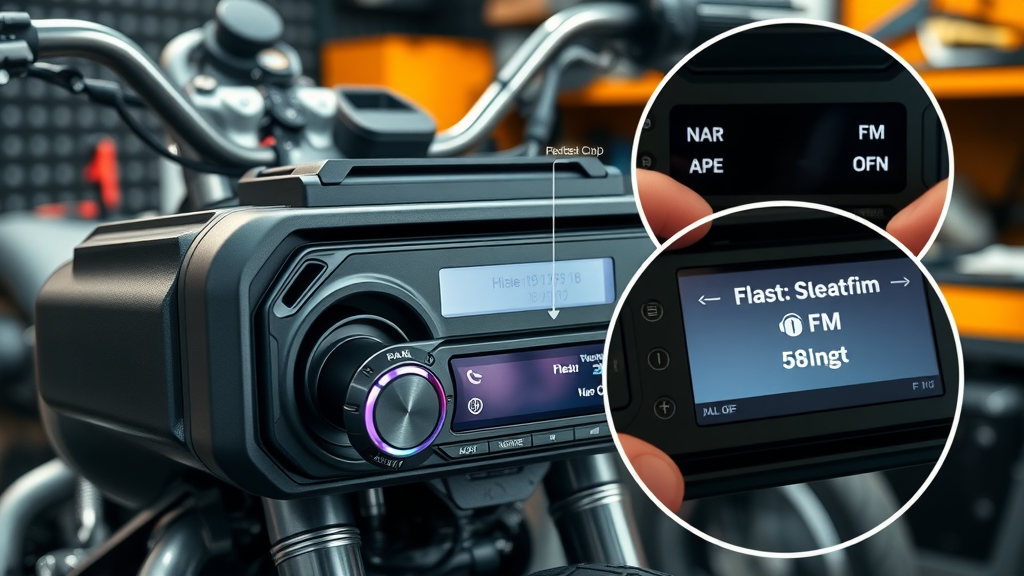 sleek waterproof motorcycle stereo system, labeled component diagram, zoom-in of speaker grilles, audio unit interface showing Bluetooth/FM options, technical workspace, matte metallics