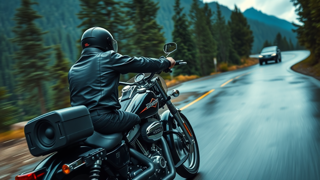 motorcyclist riding Harley Davidson with Rockford Fosgate audio system, speakers blasting music, rain in motion, wet scenic forested road, chrome and black highlights, soundwave effects