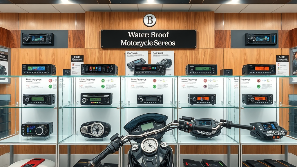 retail display, lineup of waterproof motorcycle stereos from various brands, glass cabinets, comparison charts, clean electronics store, colorful units