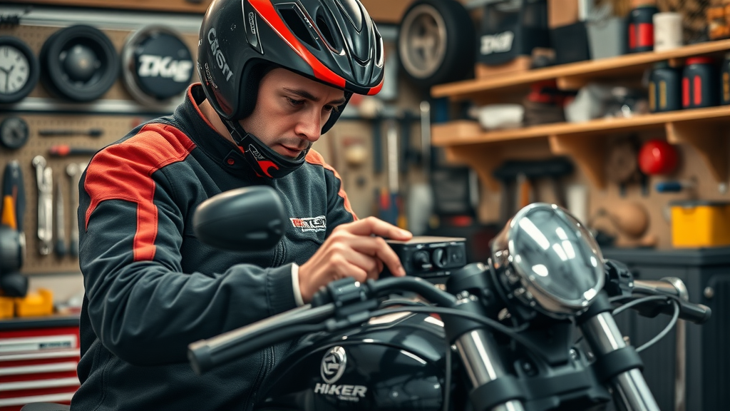 mechanic in riding gear installing waterproof stereo unit on cruiser bike in organized home garage, step-by-step, black and red tones