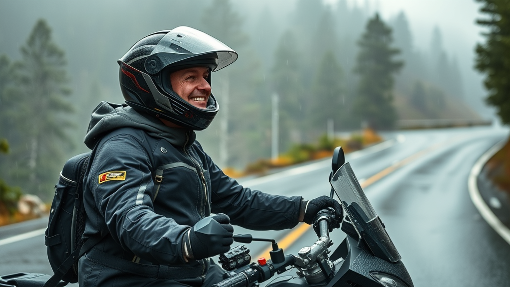 contented rider in adventure gear by rain-soaked mountain pass, clear music from motorcycle stereo, misty landscape, water beads on speakers, rich green and gray tones