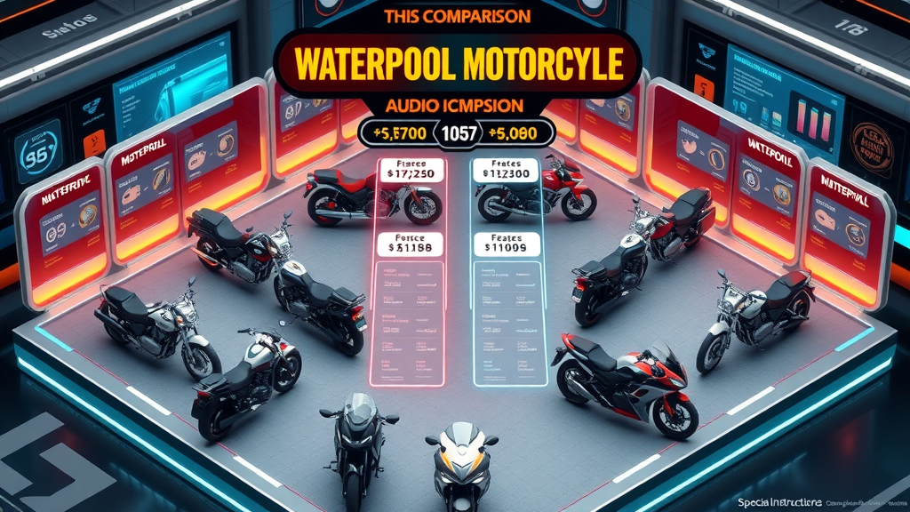 glossy price comparison infographic, waterproof motorcycle audio models arranged in tables, digital dashboard, brand icons, futuristic showroom, bold colors
