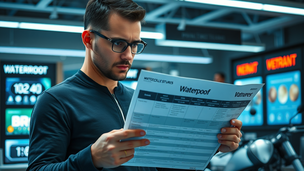 shopper reviewing waterproof motorcycle stereo comparison chart, highlighting warranty and features, minimalist tech showroom, analytic expressions