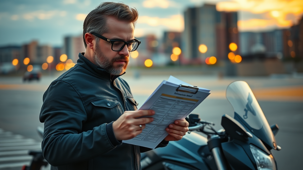 vigilant motorcyclist reviewing checklist - motorcycle maintenance schedule