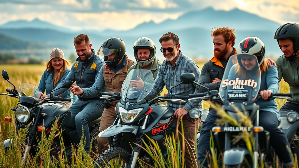 diverse group of riders examining motorcycles with tools - motorcycle maintenance schedule