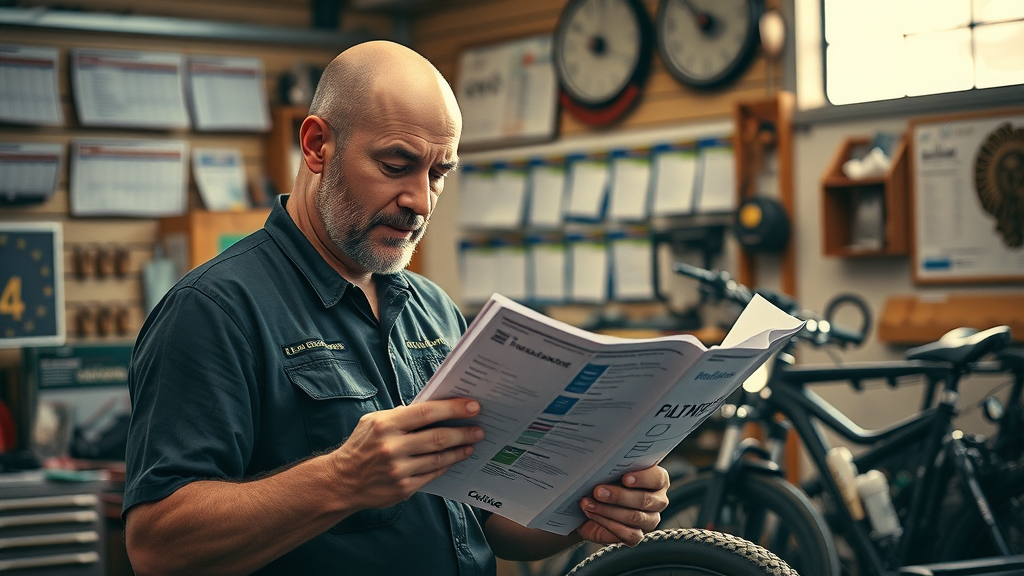mechanic referencing manufacturer manual in garage - motorcycle maintenance schedule