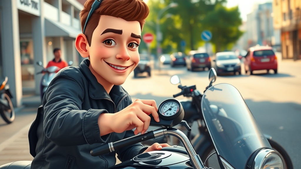 focused rider checking tire pressure with digital gauge - motorcycle maintenance schedule