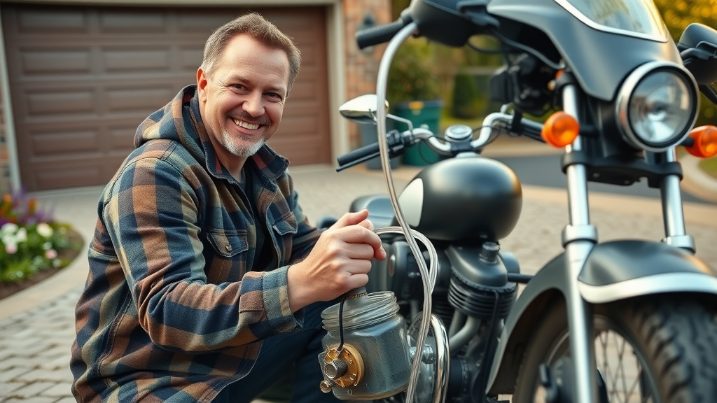 enthusiastic DIYer changing coolant at home - motorcycle maintenance schedule