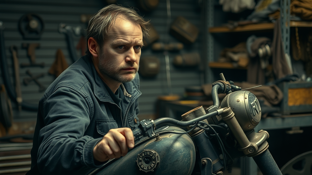 worried rider looking at neglected motorcycle - motorcycle maintenance schedule