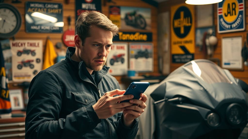 motivated rider using smartphone app in garage - motorcycle maintenance schedule