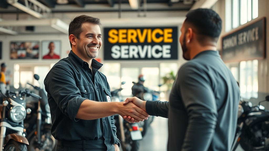 mechanic shaking hands with owner in bike shop - motorcycle maintenance schedule
