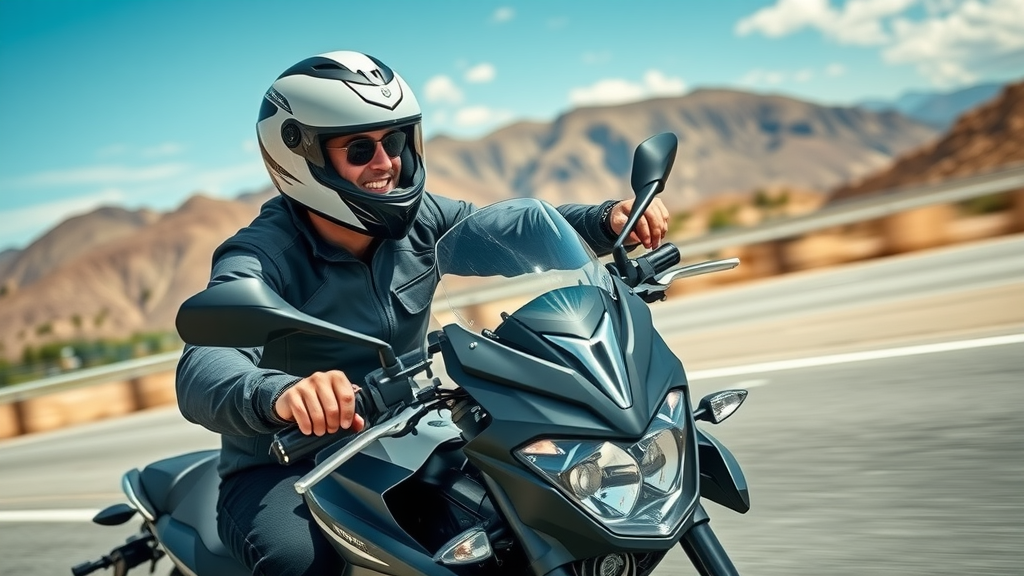 dynamic modern motorcycle riding on open road, rider focused and smiling, adjusting high-tech audio controls, motorcycle audio system, scenic highway background, vibrant colors, daytime