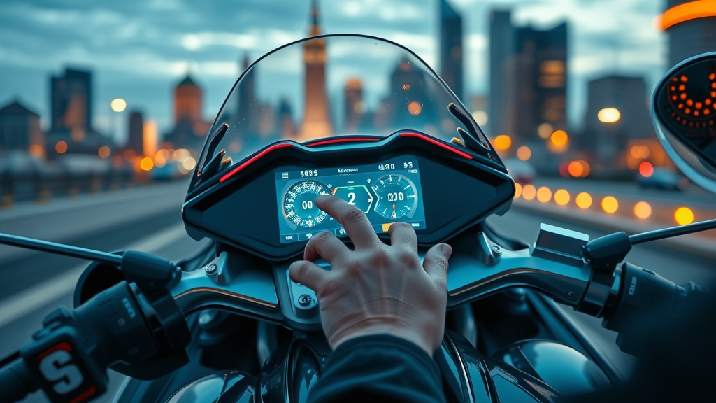 sleek motorcycle dashboard, touchscreen head unit glowing, head unit, futuristic interface, cool blue tones, cityscape background