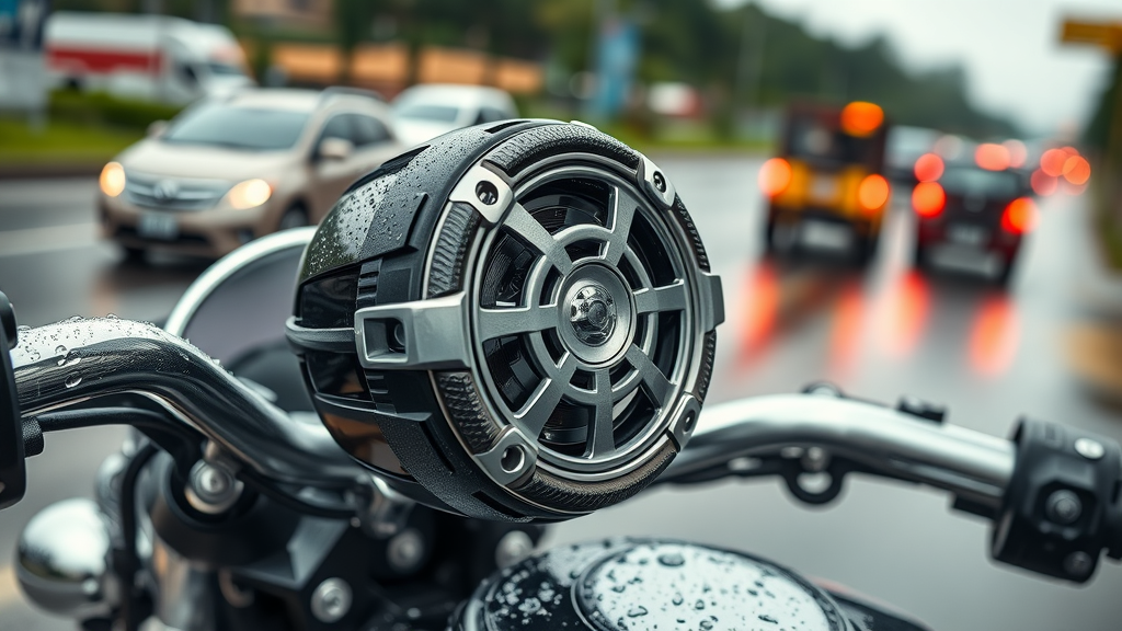 close-up of waterproof motorcycle speaker installed on chrome handlebars, water droplets, motorcycle speaker, high-detail, outdoor road