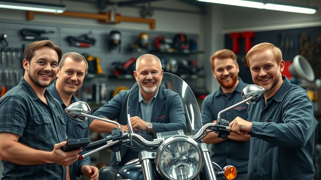 mechanics installing motorcycle audio system, professional garage, group of experienced mechanics, audio system upgrade, motorcycle parts, high fidelity