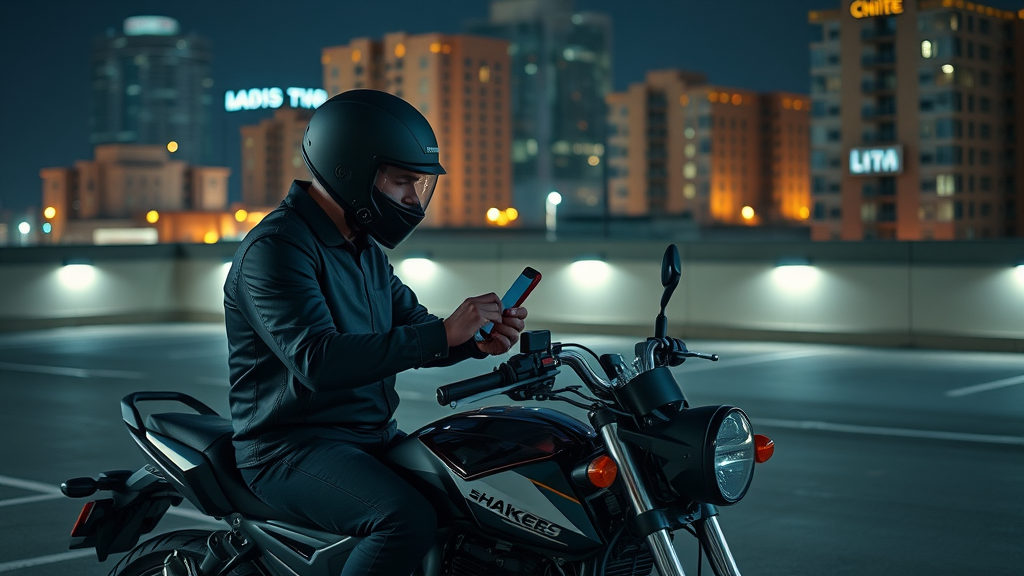 focused rider with stationary motorcycle, adjusting audio equalizer app on smartphone, cinematic city rooftop, motorcycle audio system, night, neon