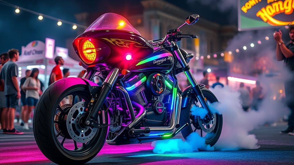 custom motorcycle at night event, vibrant LED lighting, unique speaker grills and integrated audio, custom motorcycle, urban festival scene, vivid colors