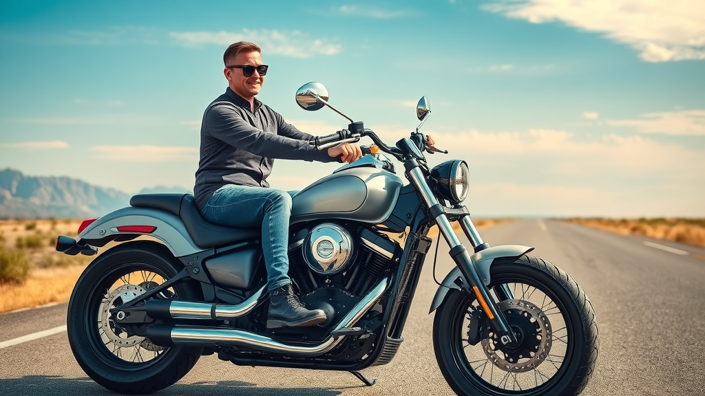 Sleek custom motorcycle seat cover on bike parked on scenic open road, rider relaxed and enjoying benefits of custom motorcycle seats, photorealistic