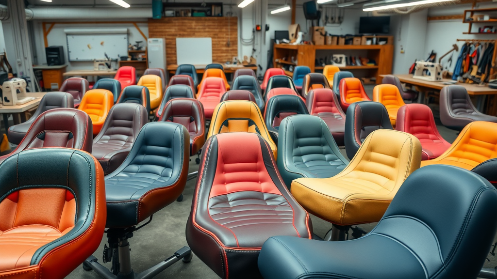Vibrantly designed custom motorcycle seats showcasing seat cover and custom seat options in a modern workshop, highly detailed