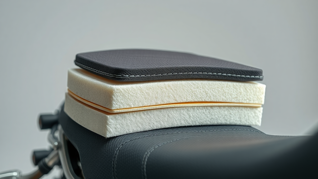 Cross section of motorcycle seat showing difference in seat foam with and without gel insert, seat cover and custom seat options visible