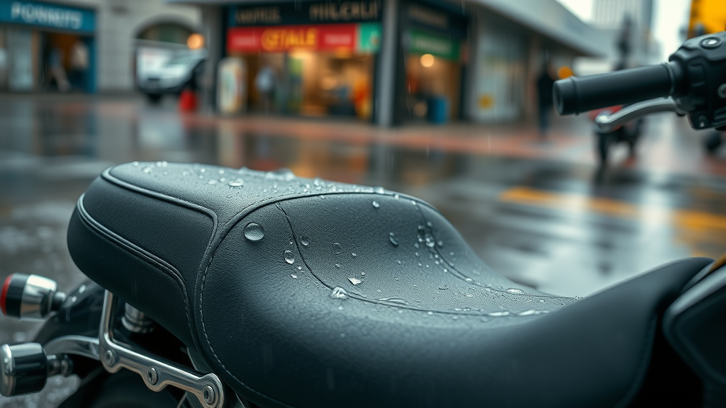 Custom motorcycle seat cover in synthetic suede beading water, highlighting durability and weather resistance for motorcycle seat and custom seat cover
