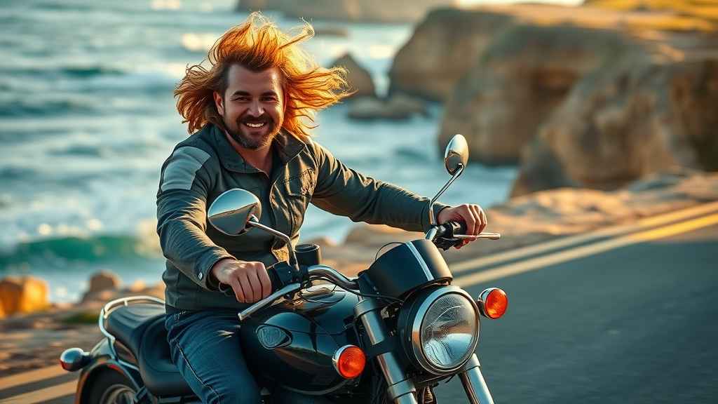 Confident rider enjoying enhanced riding experience with custom motorcycle seat, perfect posture and content expression along scenic highway