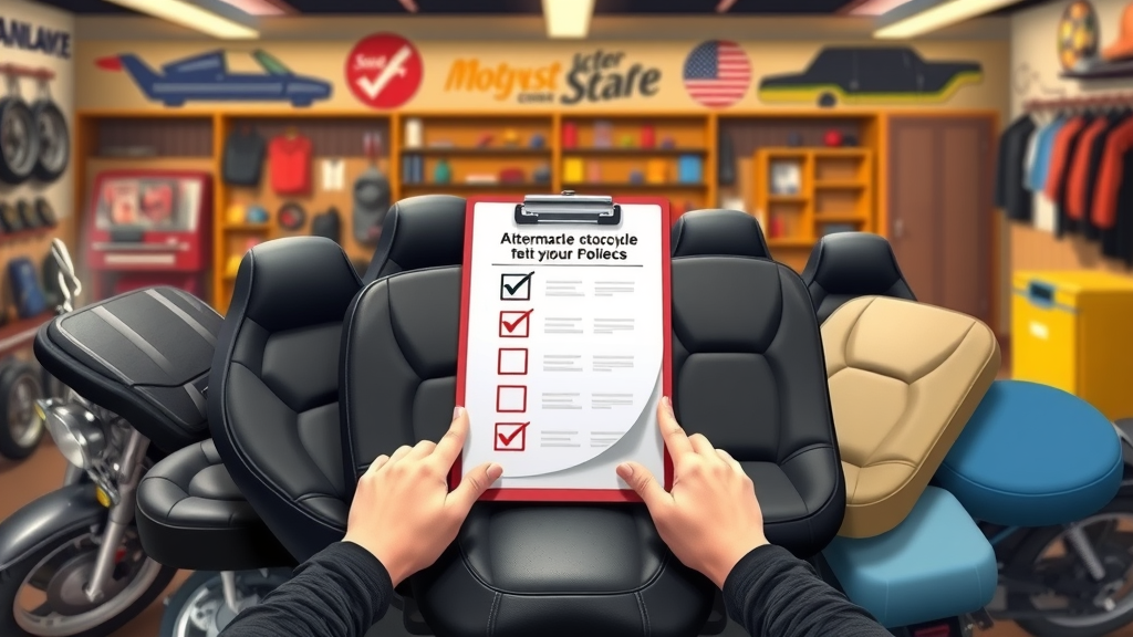 Selection of popular aftermarket motorcycle seat covers with checklist, hands arranging colorful seat covers in stylized garage setting