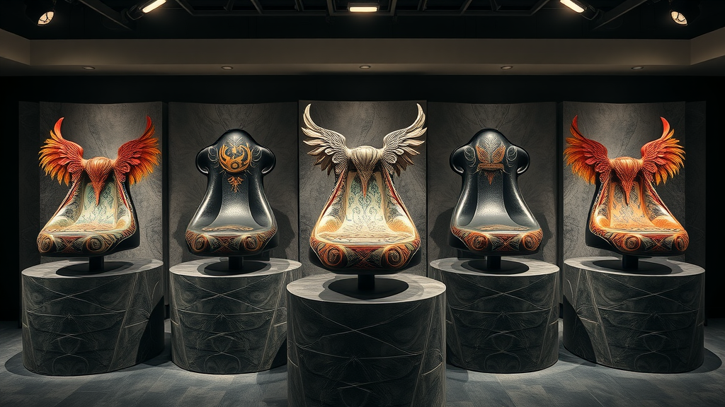 Top five creative custom motorcycle seats with expressive seat cover designs on display, showing variety and personality