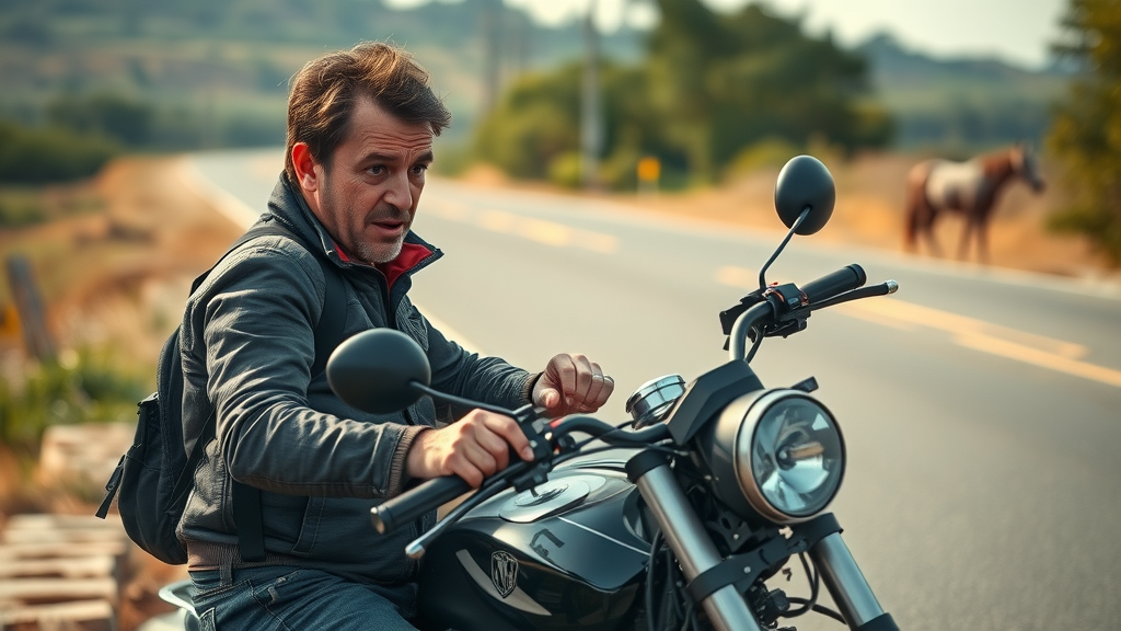 Surprised rider examining motorcycle maintenance issues roadside; motorcycle maintenance tips in action