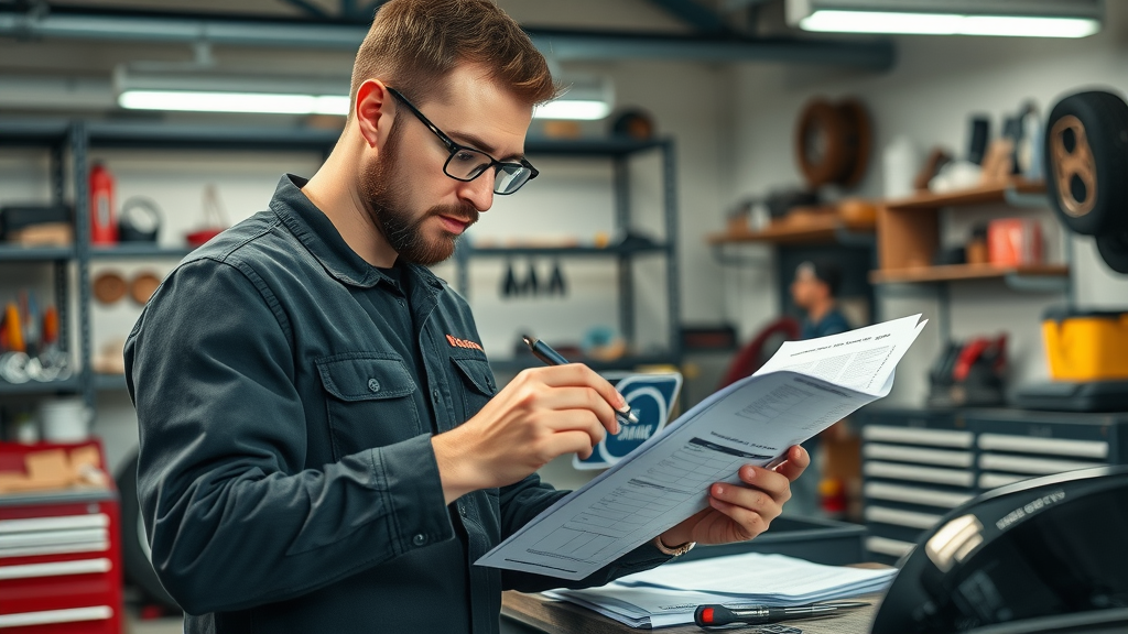Mechanic inspecting motorcycle maintenance checklist; motorcycle maintenance tips for optimal performance